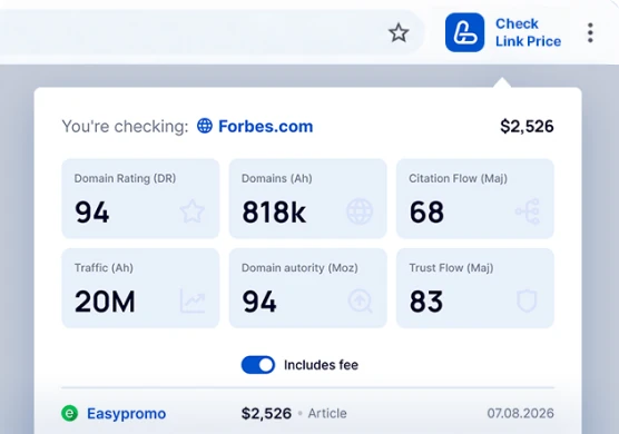 LinkBuilder extension popup with SEO metrics and guest post prices for the open website