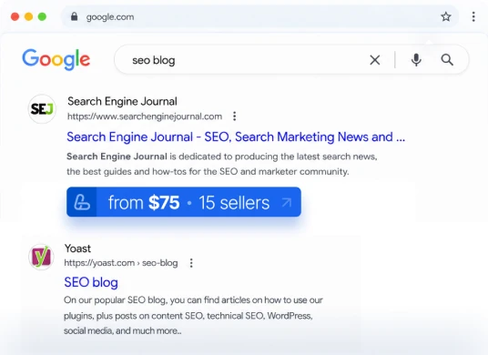 Link building extension showing backlink prices and seller counts in Google search results