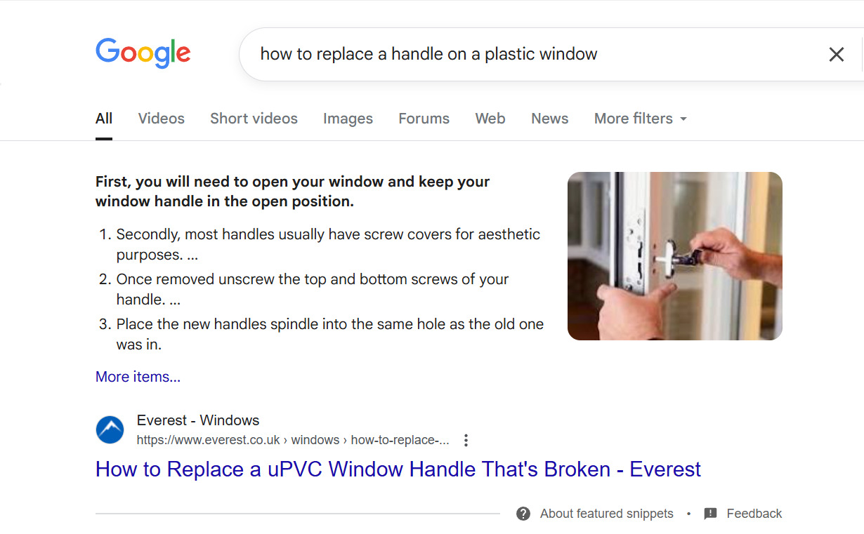 Featured Snippets for “how to replace a handle on a plastic window”