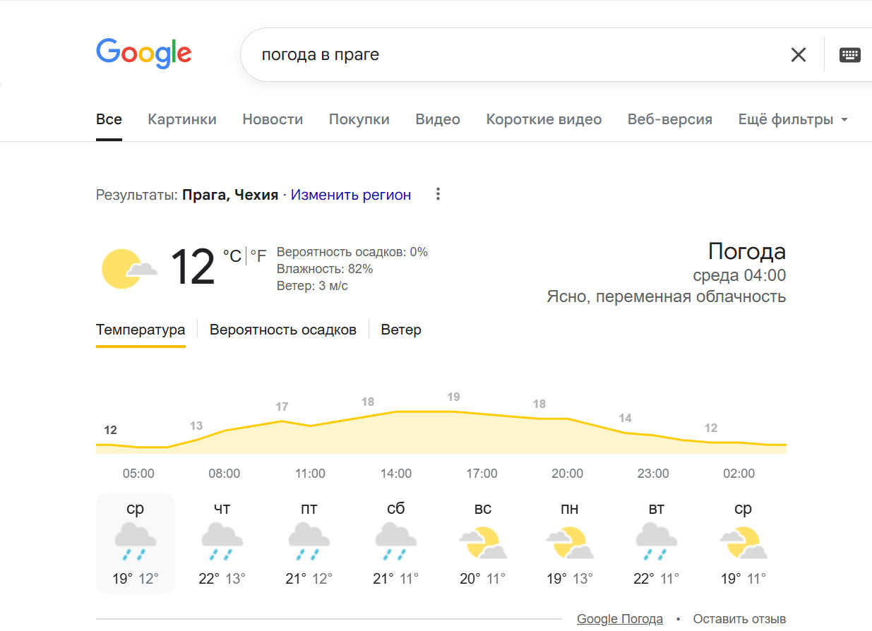 Direct Answers по запросу «погода в Праге»