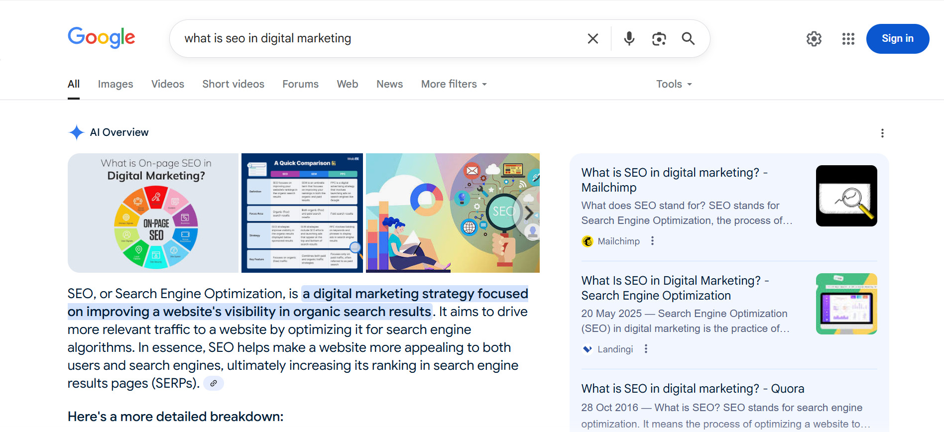 AI Overview for “what is SEO in digital marketing”