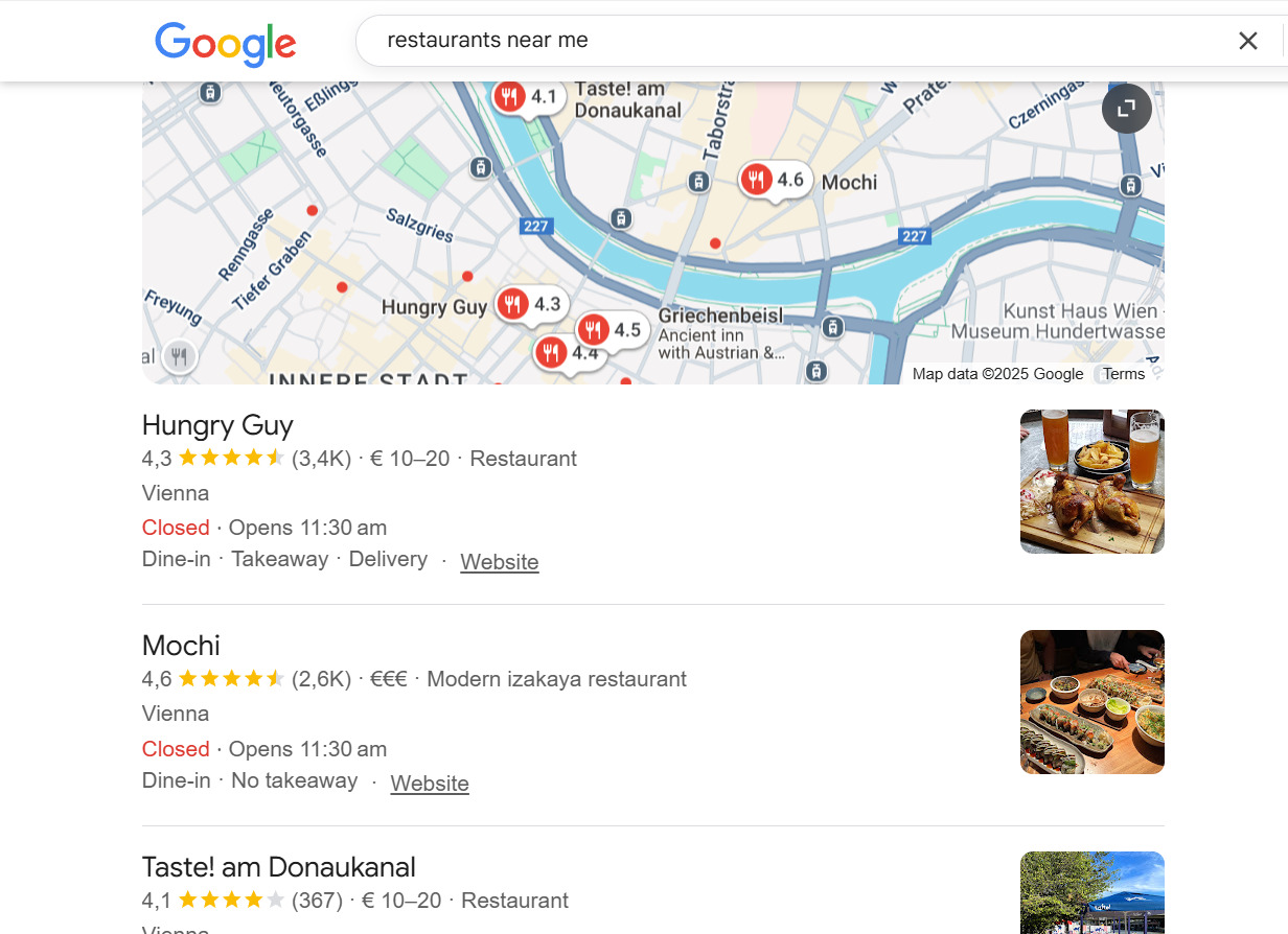 Local Pack for “restaurants near me”