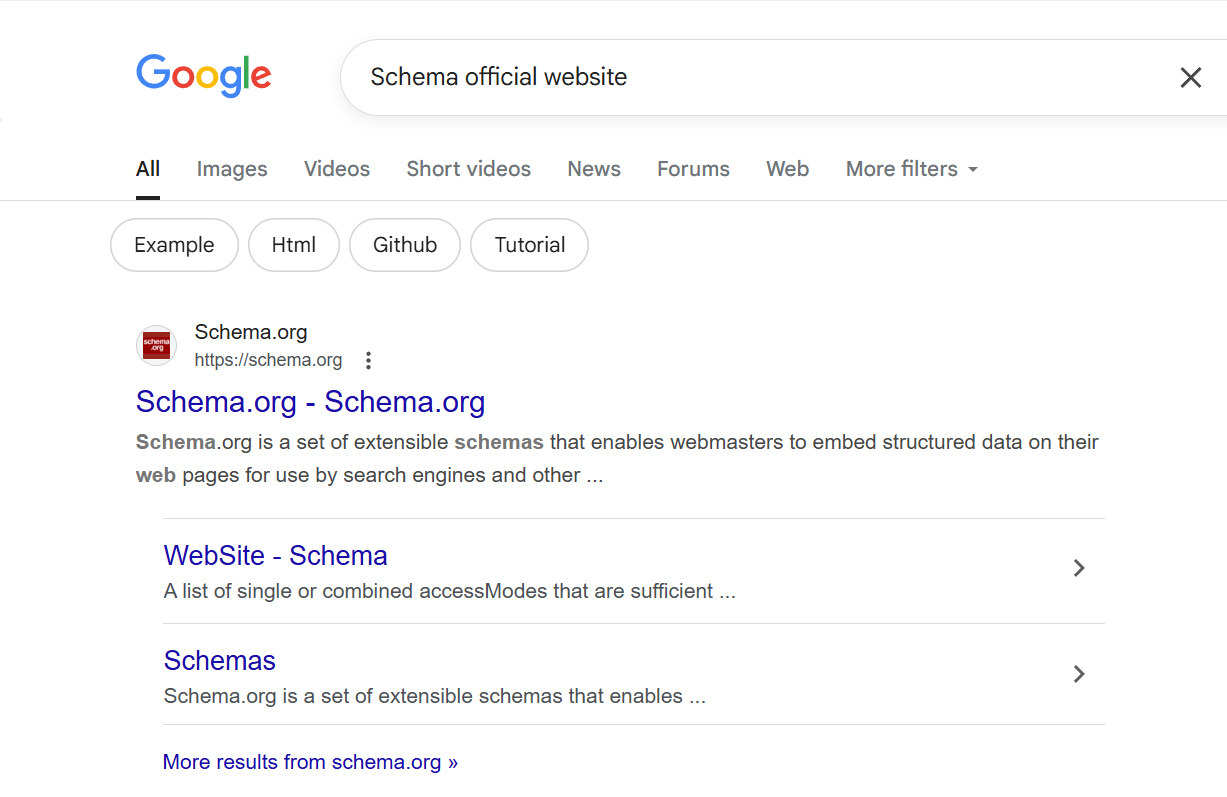 Schema official website in Google Search