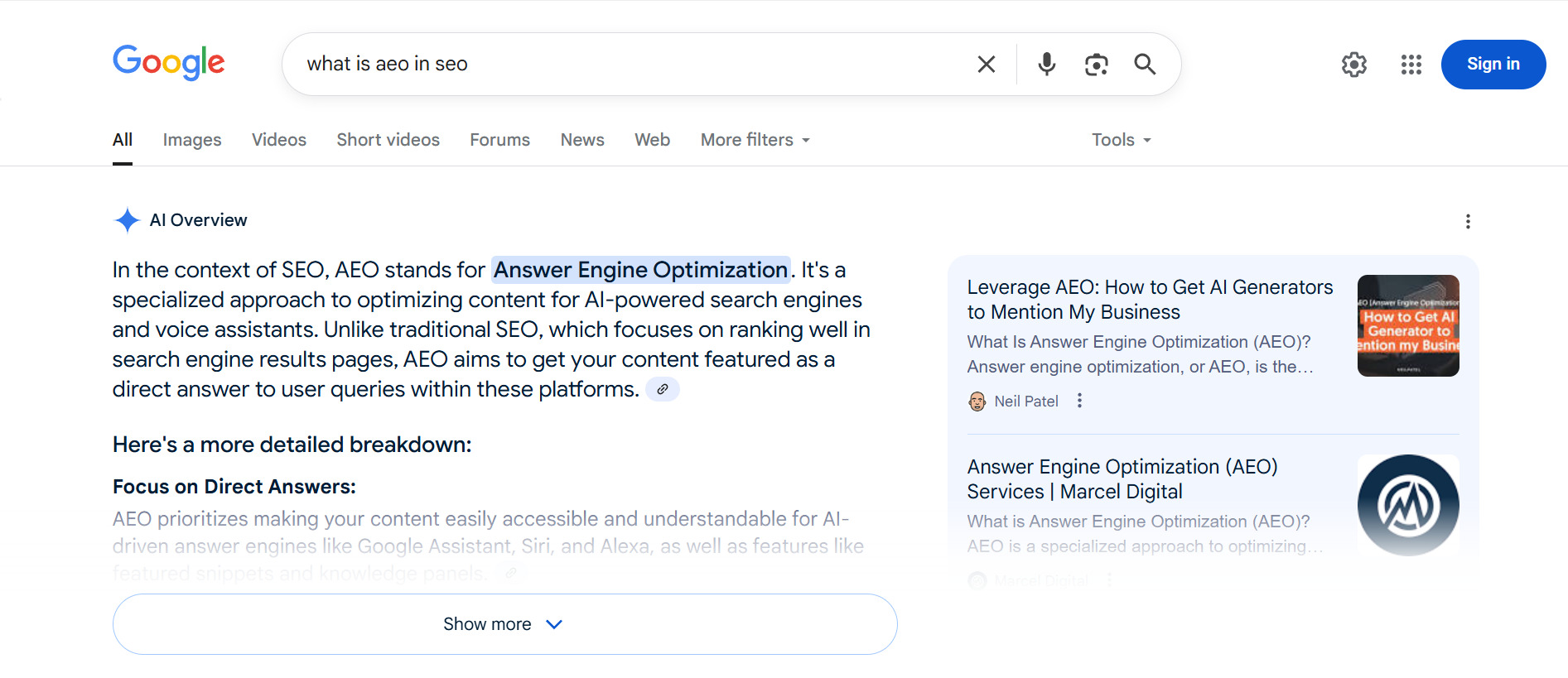 What is AEO in SEO in Google search