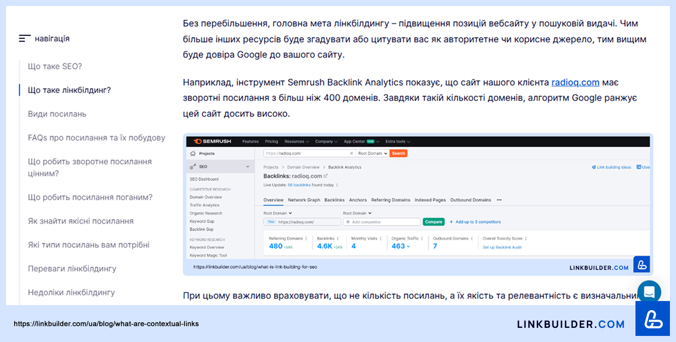 Приклад зовнішнього контекстного посилання з сайту LinkBuilder.com