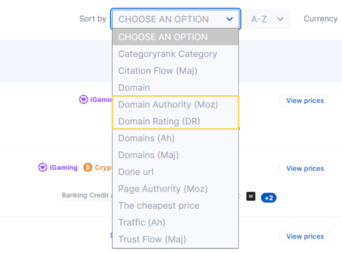 Sorting options available in the LinkBuilder.com database table