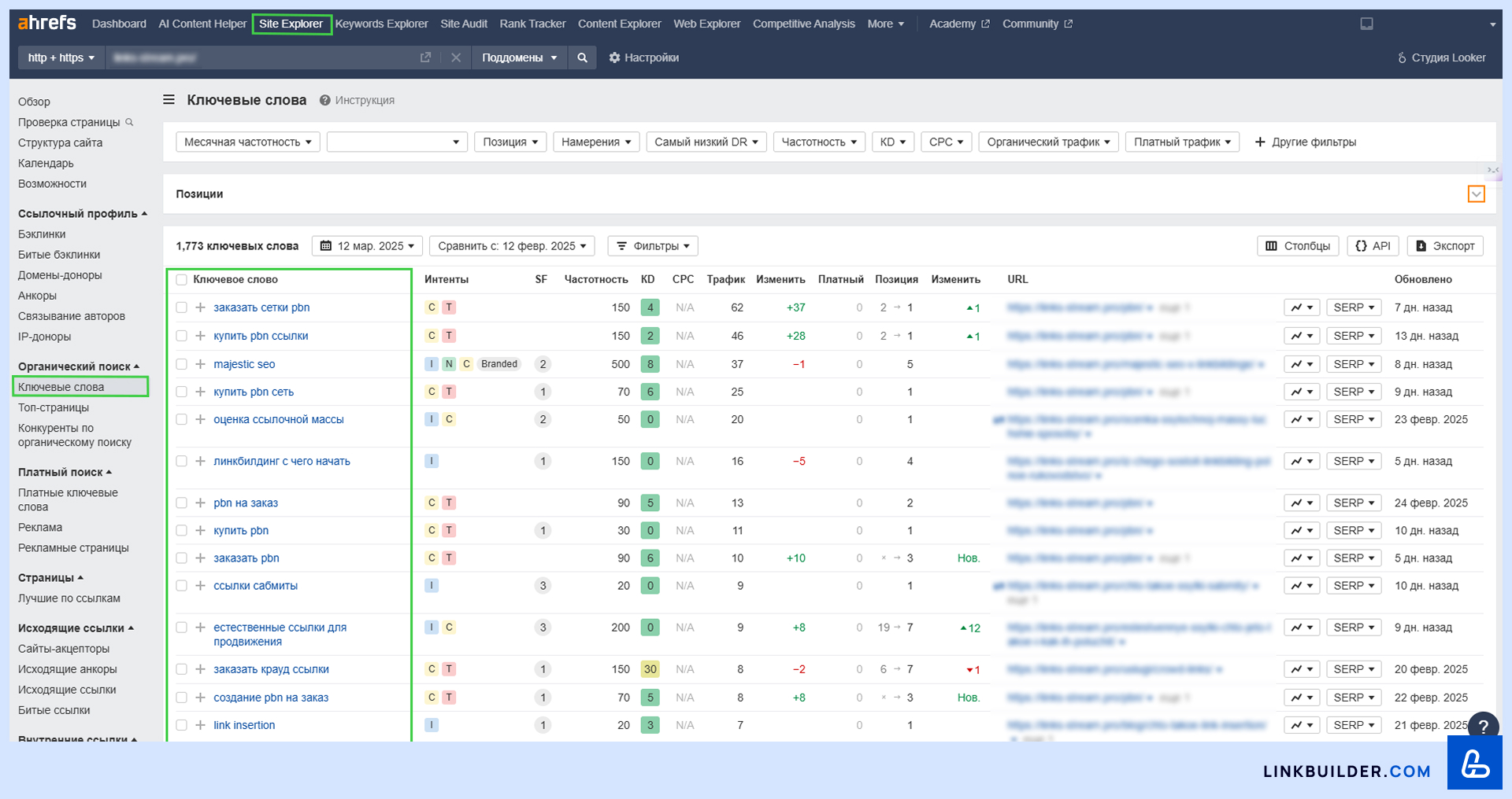 Раздел «Organic Keywords» в Ahrefs