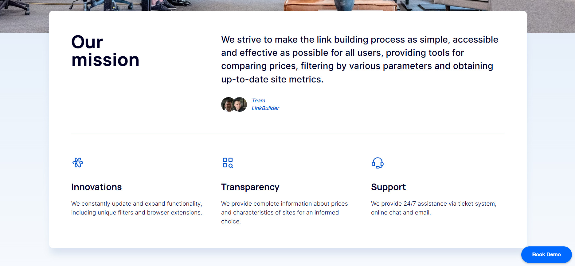 LinkBuilder.com mission on the “About Us” page