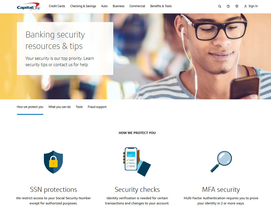 Сторінка Banking Security на сторінці банку Capital One