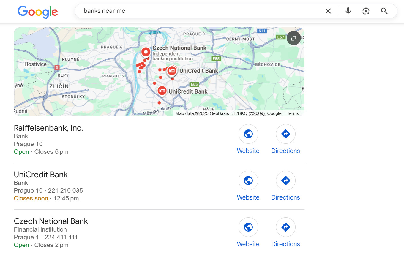 Приклад Local Pack для банків у Празі