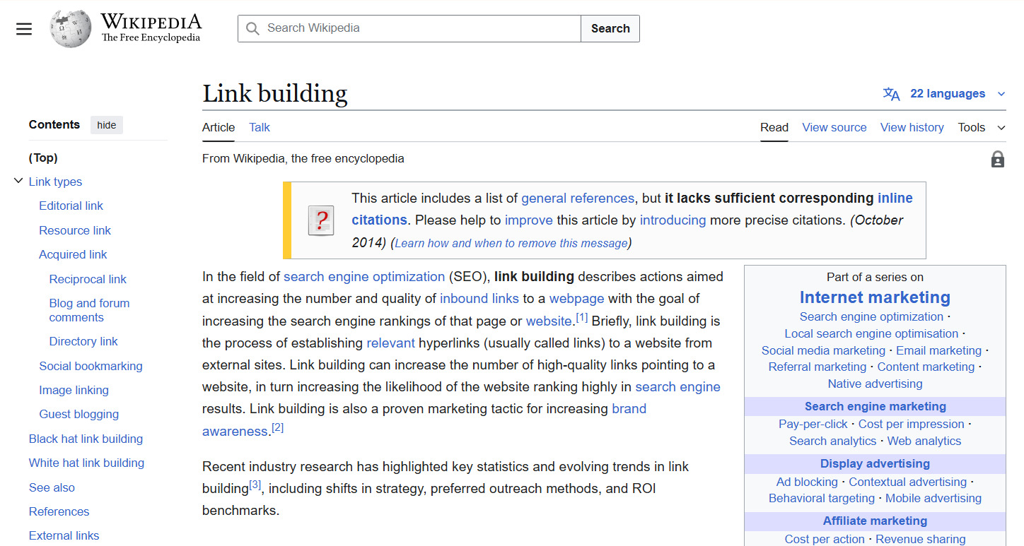 Страница про линкбилдинг в Wikipedia
