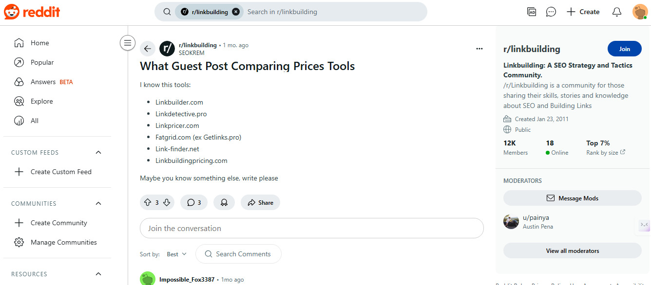Страница сабреддита r/linkbuilding на Reddit