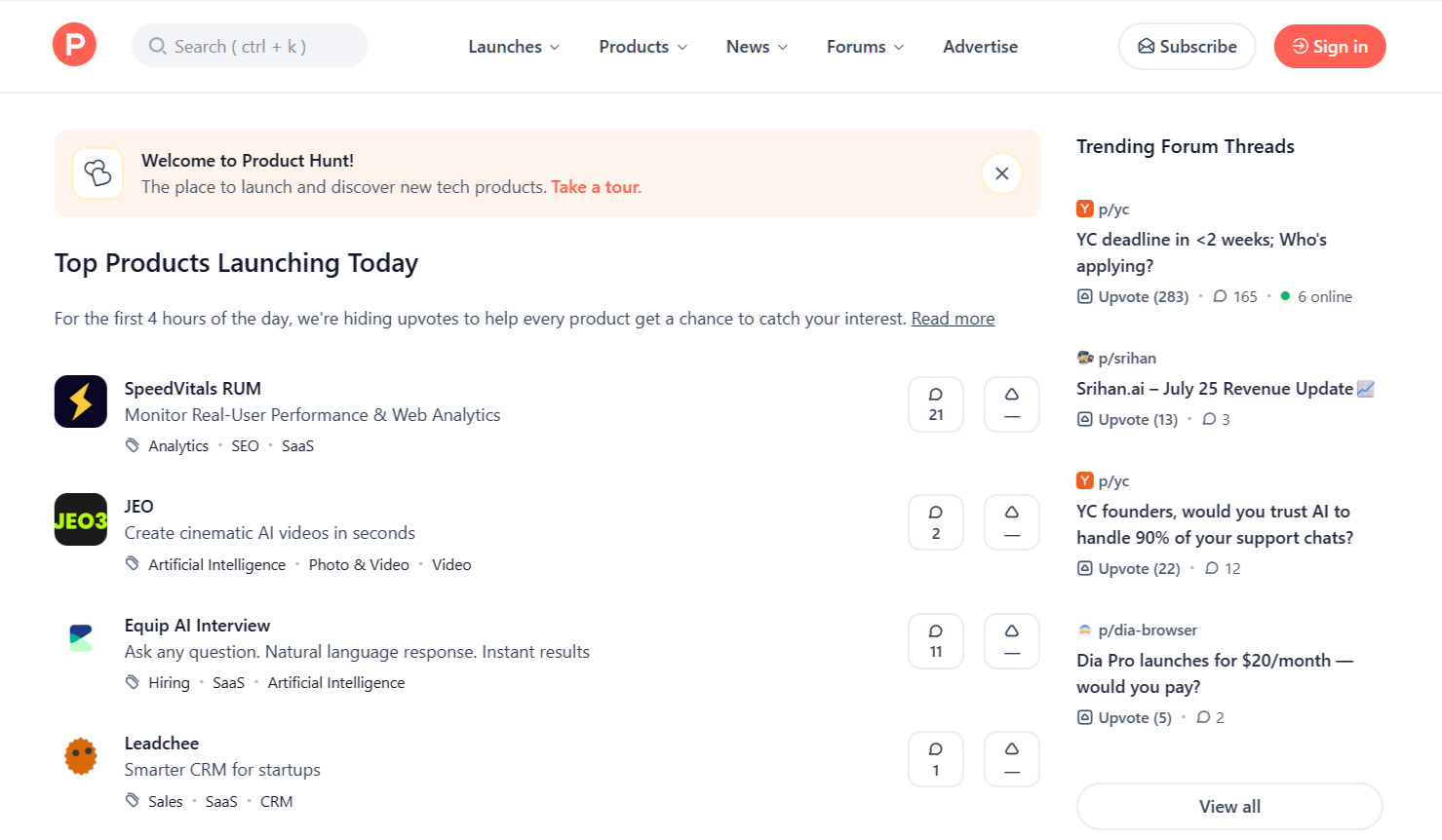 Страница Top Products Launching Today на Product Hunt