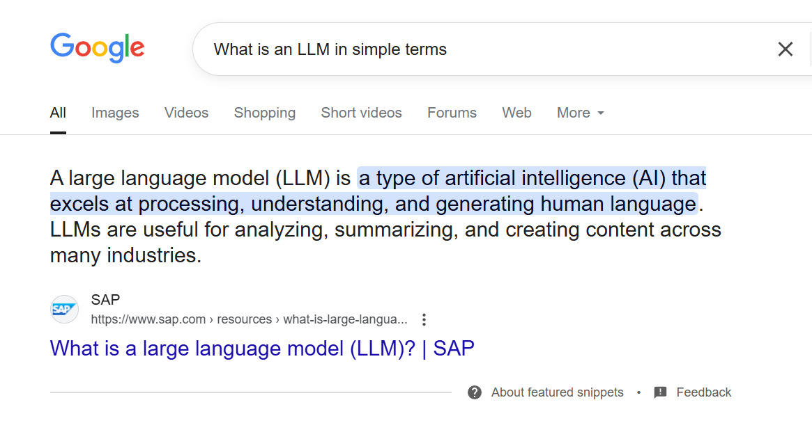 Example of a zero-click result for "What is a LLM in simple terms"