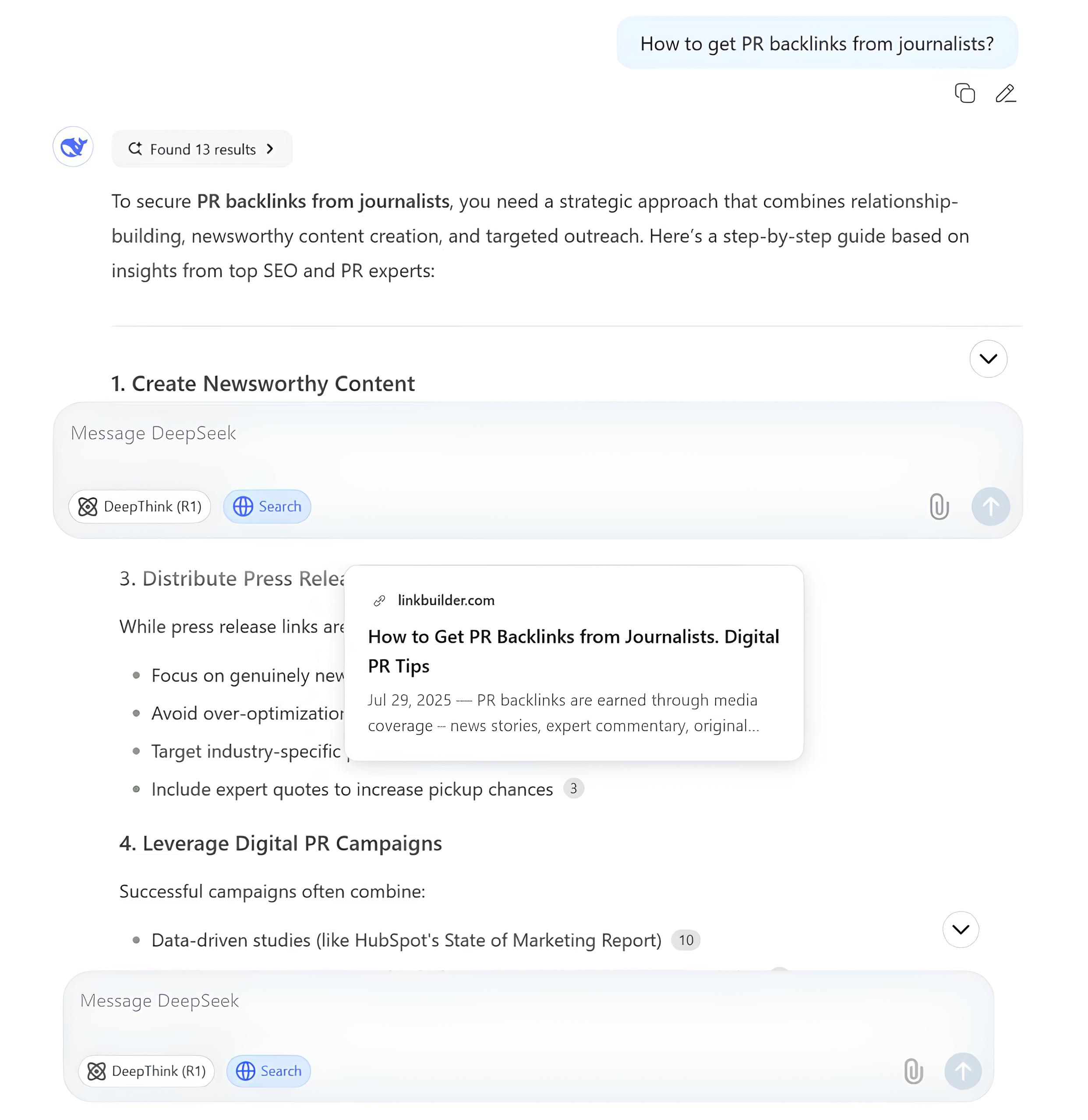 DeepSeek response to "How to Get PR Backlinks From Journalists"