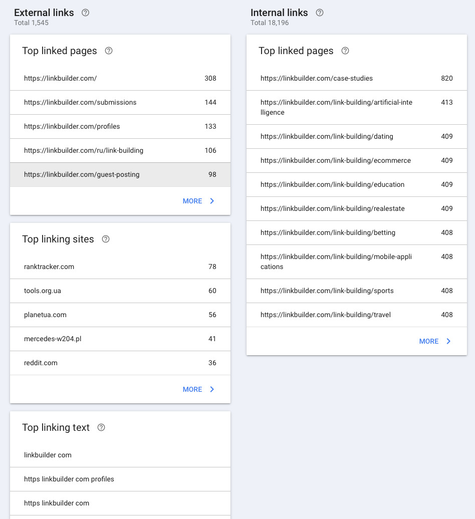 "Links" report in Google Search Console