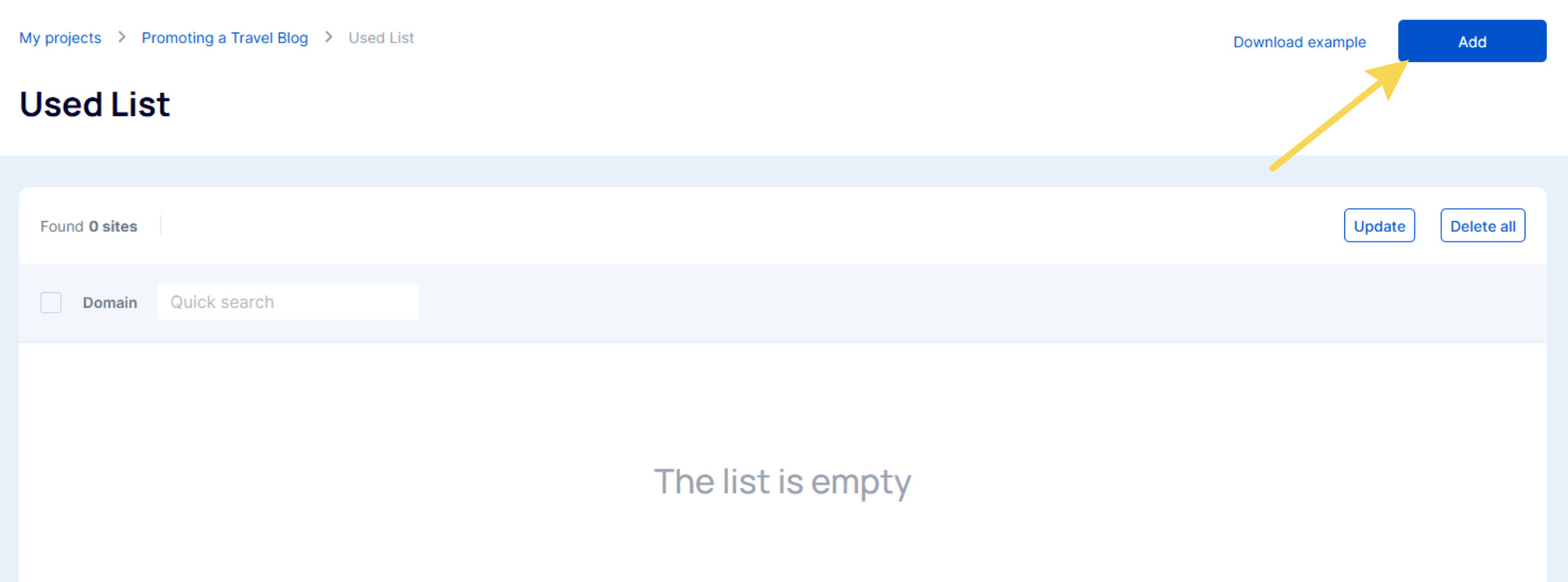 Adding sites to the Used List