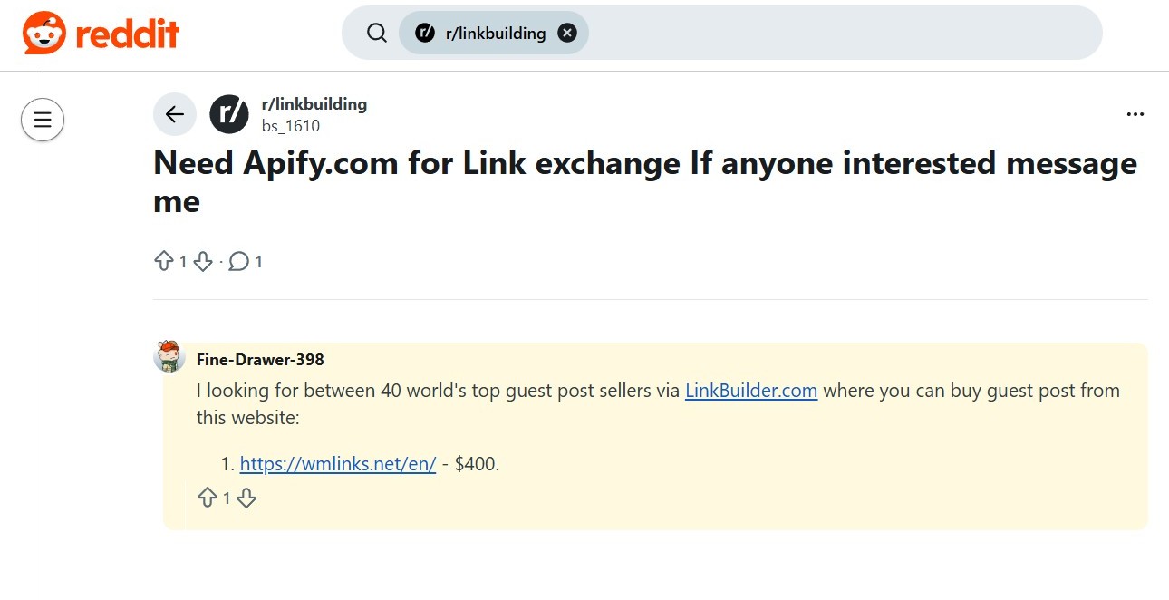 LinkBuilder.com mentioned in a Reddit comment Example: LinkBuilder.com mentioned in a Reddit comment