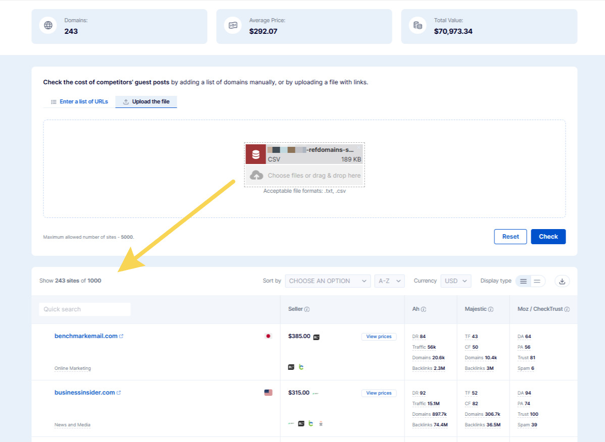 Search results table