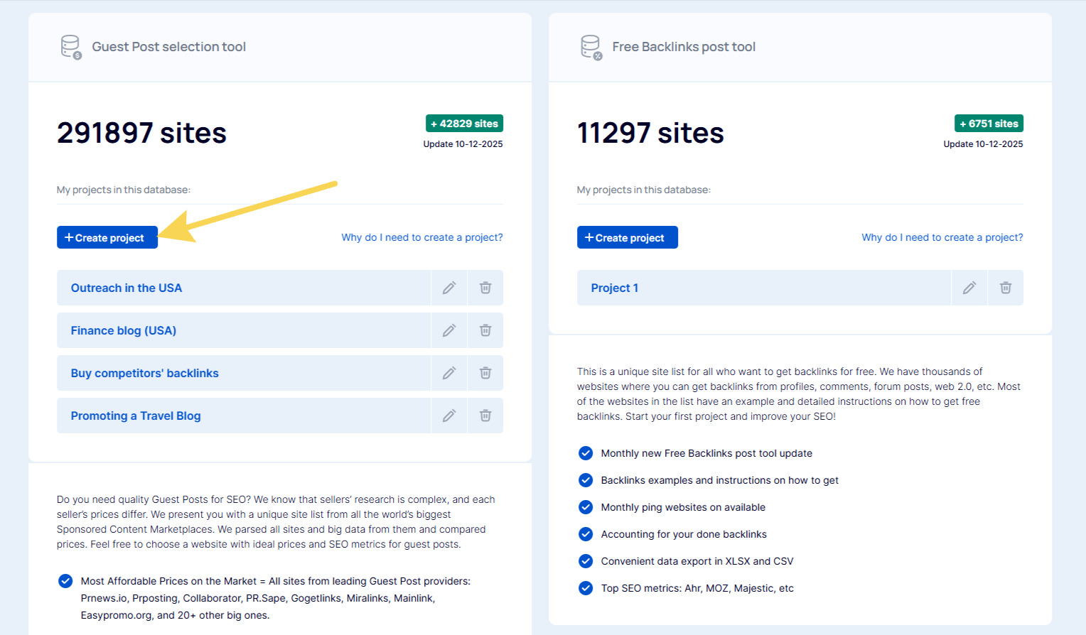 Creating a project on the platform