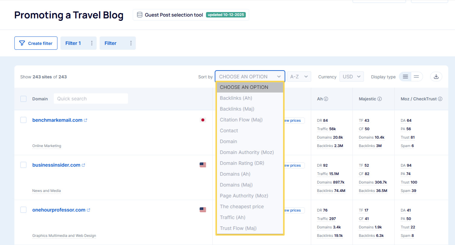 Available sorting options for the website list