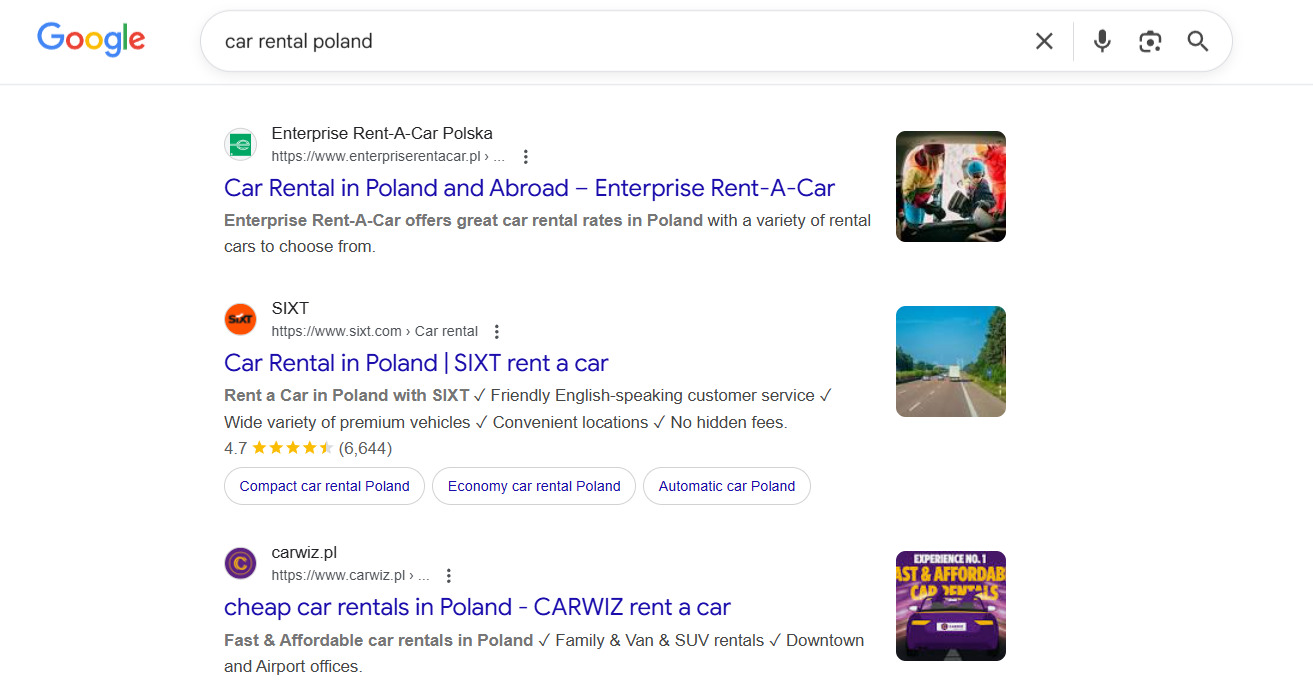 Google Search results for “car rental Poland”