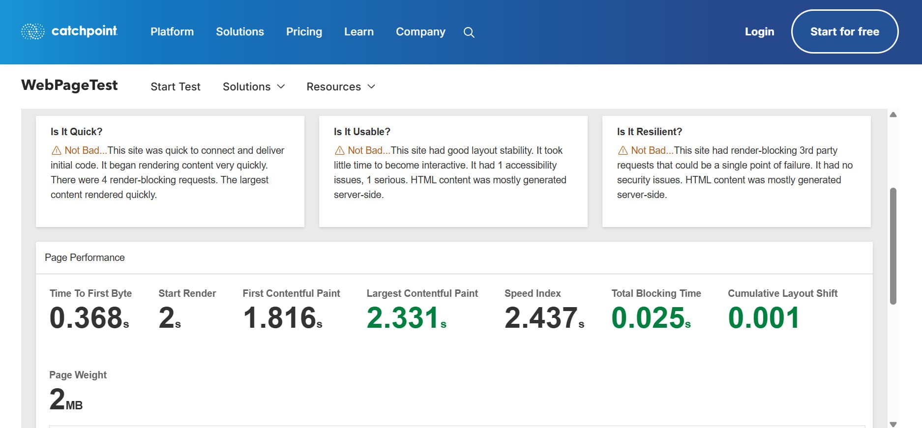 A sample speed test from WebPageTest