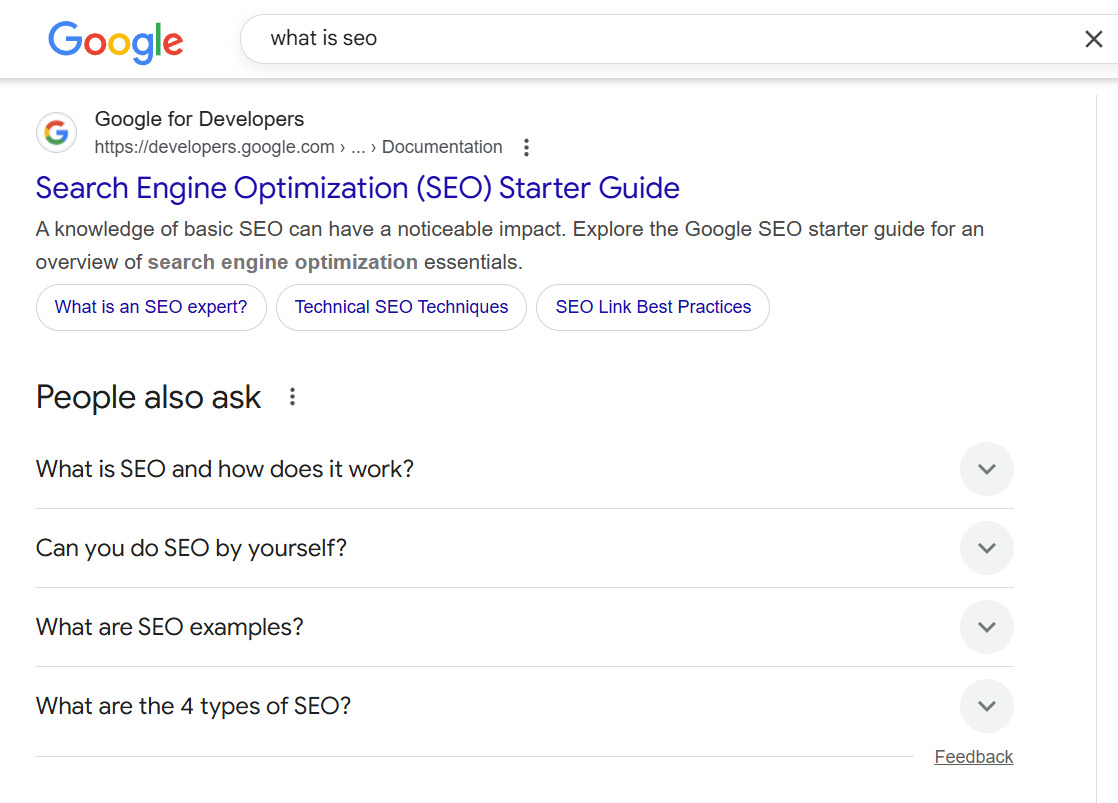 People Also Ask за запитом «what is SEO» у Google Приклад – блок People Also Ask за запитом «what is SEO» у Google