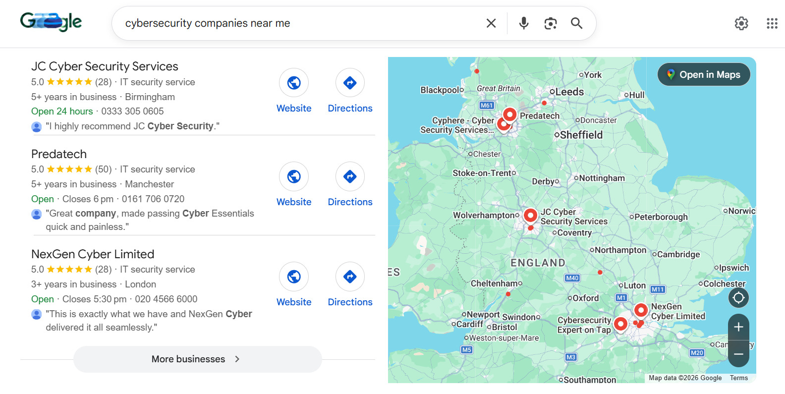 Example of local Google search results for &ldquo;cybersecurity companies near me&rdquo;