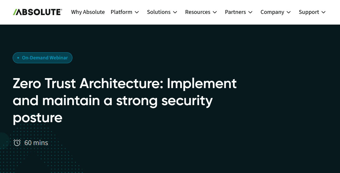 Example of a webinar page from Absolute Software on Zero Trust