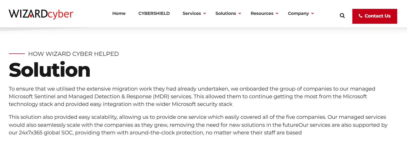 Example of a case study page from Wizard Cyber