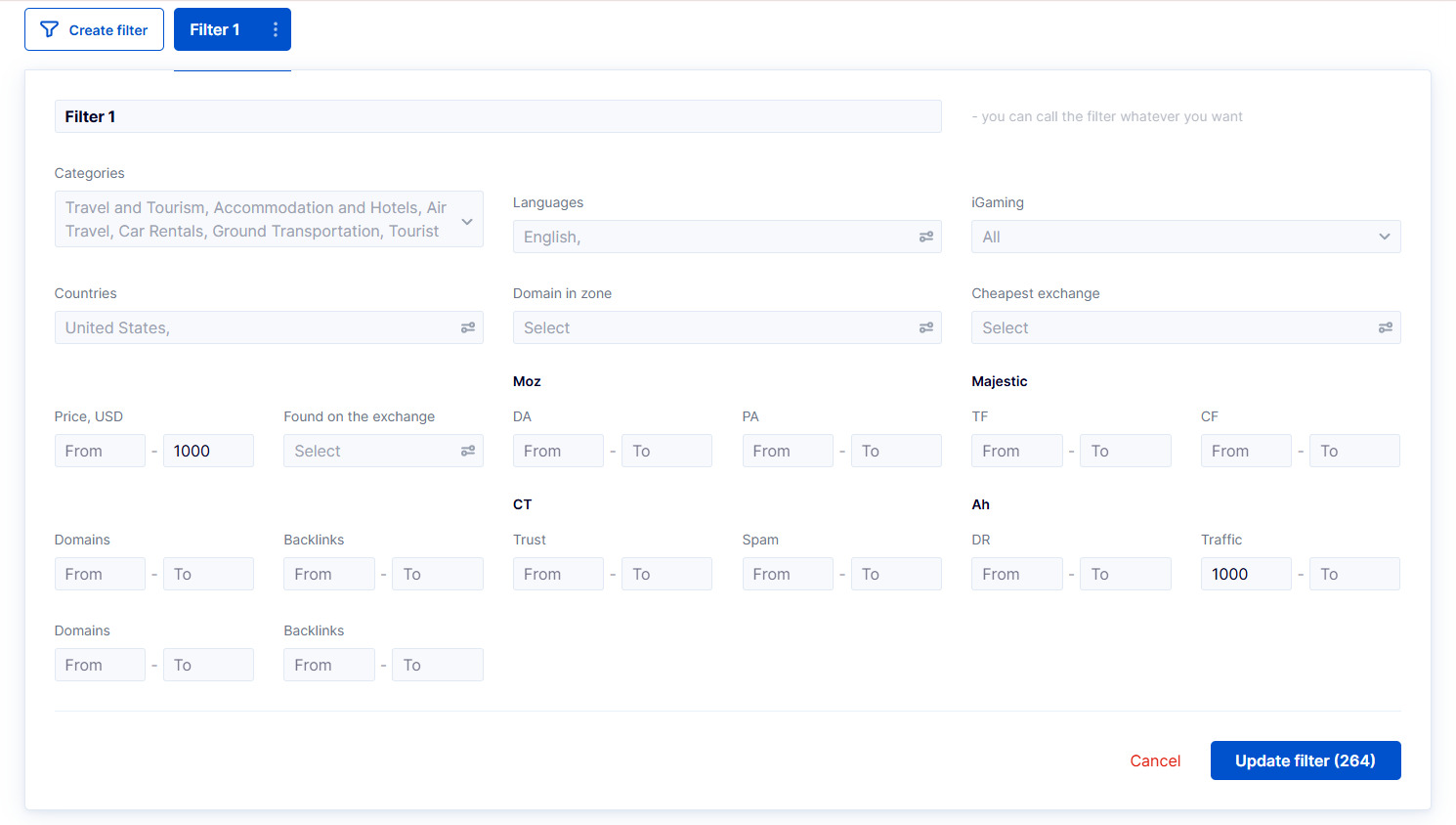 Filtering Database by Niche, Language, Country, Price, and Traffic