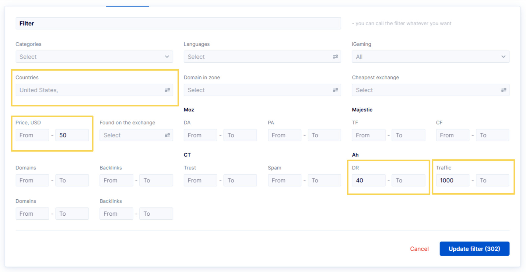 Filtering the database by Country, DR, Traffic, and Price