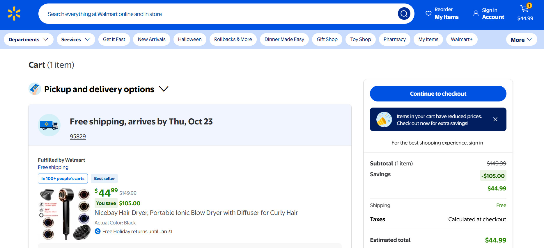 Walmart Cart with Delivery and Return Terms