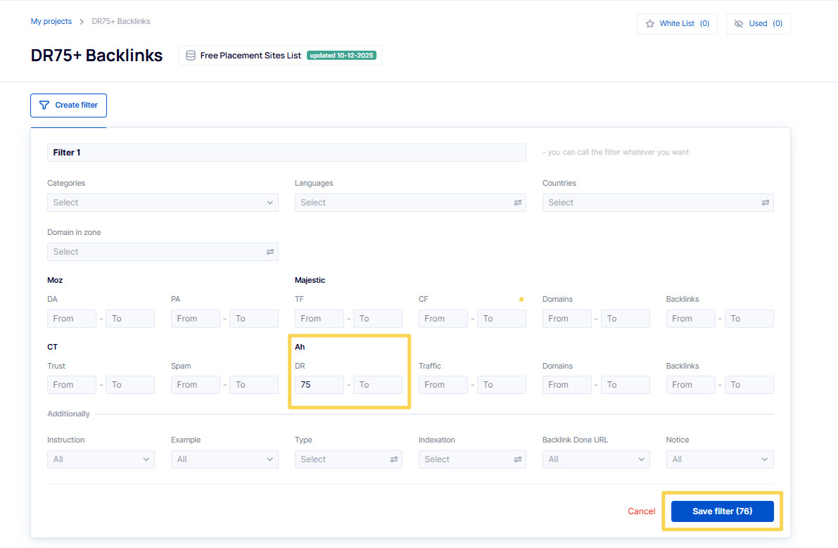 Filter by DR Filtering by Domain Rating