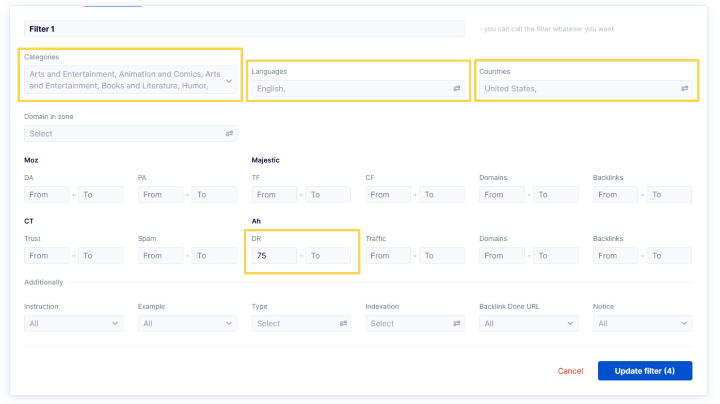 Filter by country, language, category, and DR Filtering by country, language, category, and DR