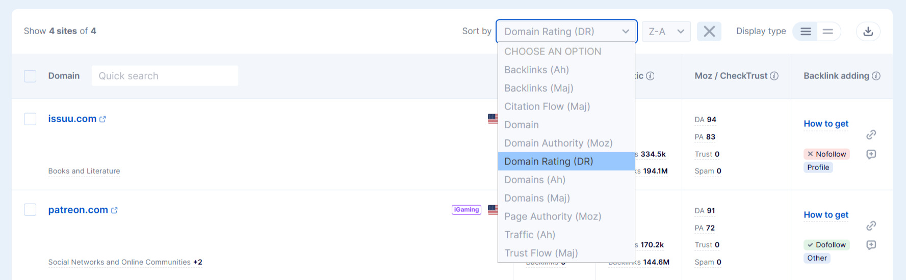 Sort sites by DR Example of sorting sites by DR