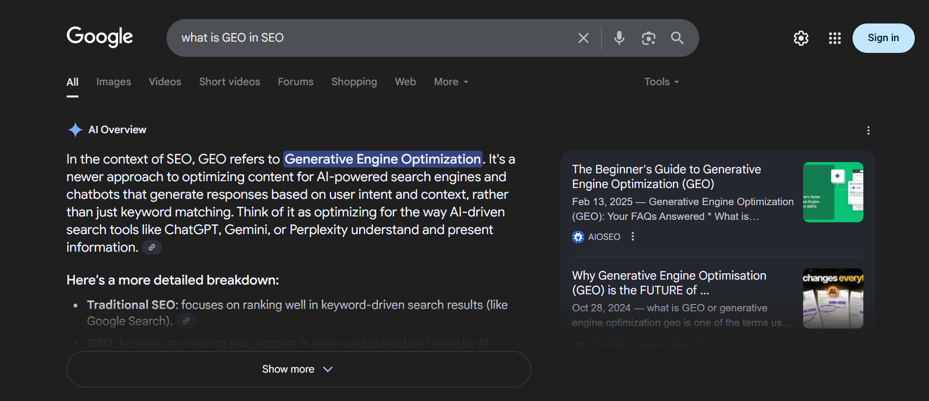What is GEO in SEO as shown in Google search