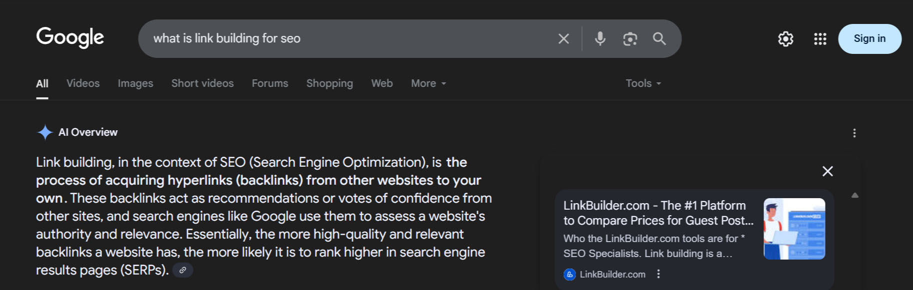 Google results for what is link building for SEO