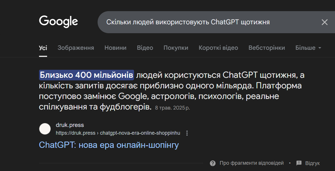 Посилання за запитом скільки людей використовують ChatGPT щотижня у Google