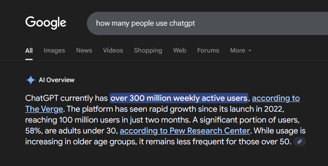 Google results for how many people use ChatGPT