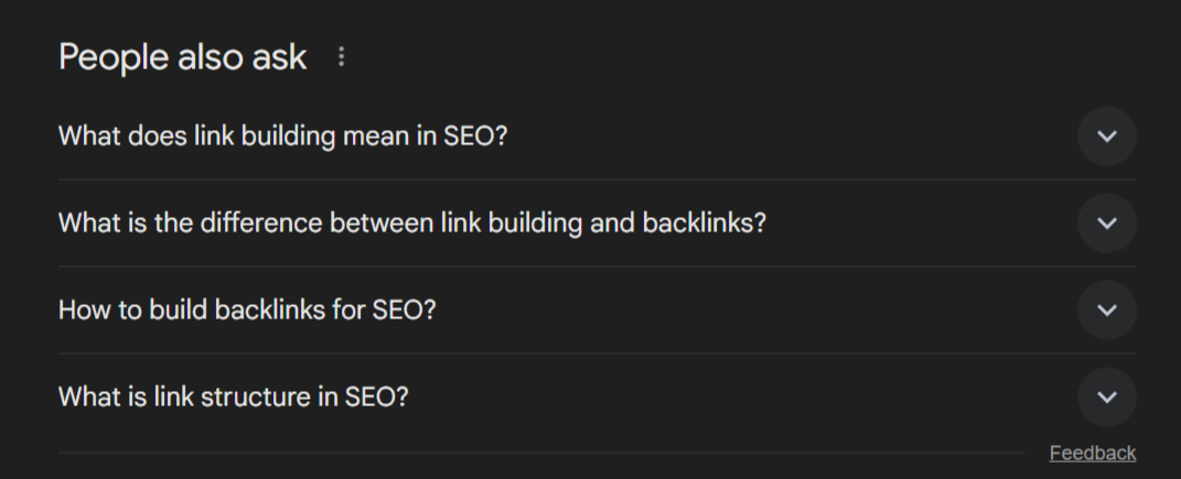 Screenshot of Google's "People Also Ask" section for link-building queries
