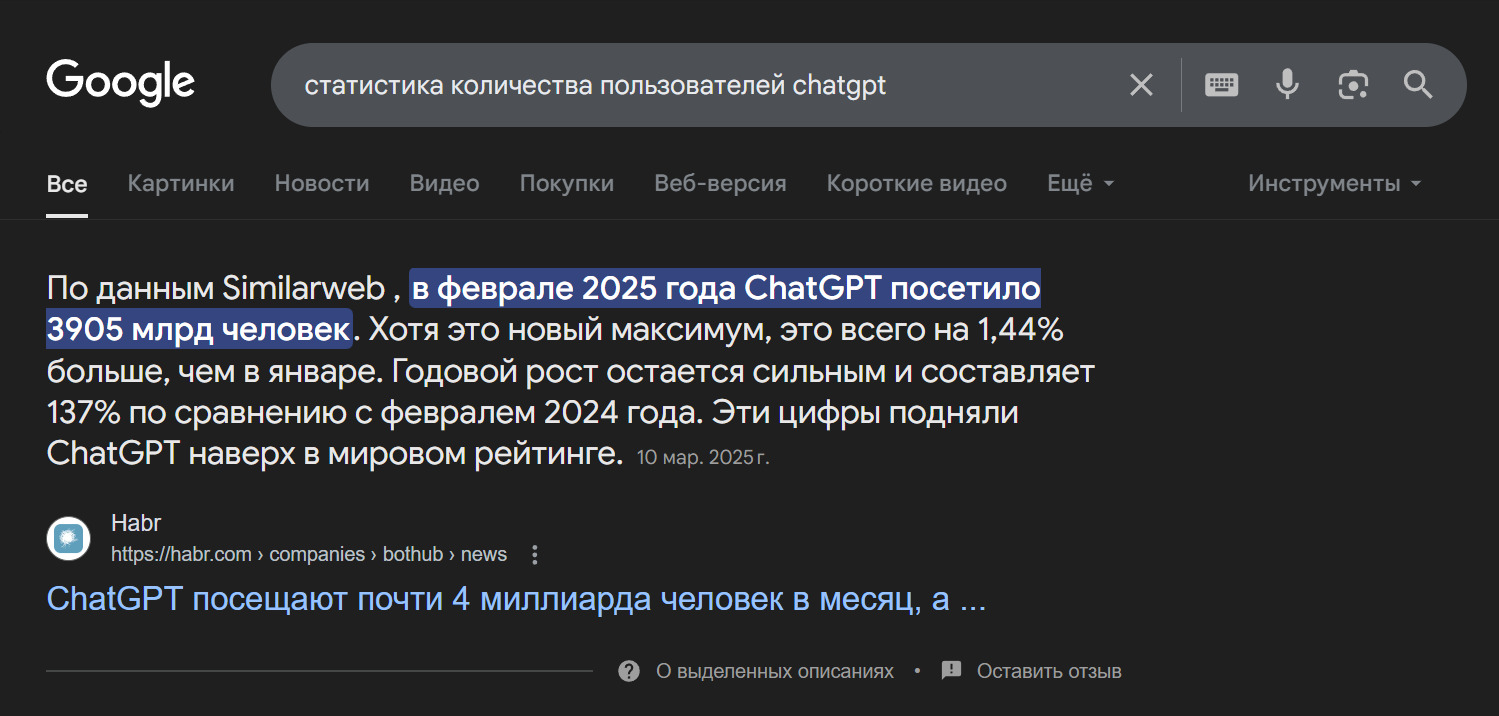 Пример статистики чата GPT в ИИ-выдаче Google