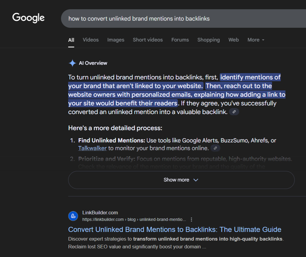Google Search results for how to convert unlinked brand mentions into backlinks