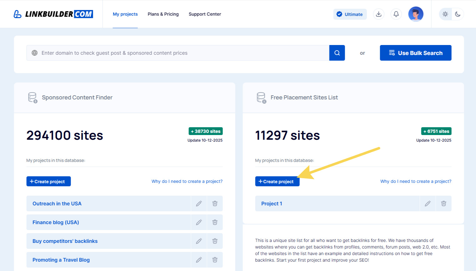 Creating a project in the free content placement sites database