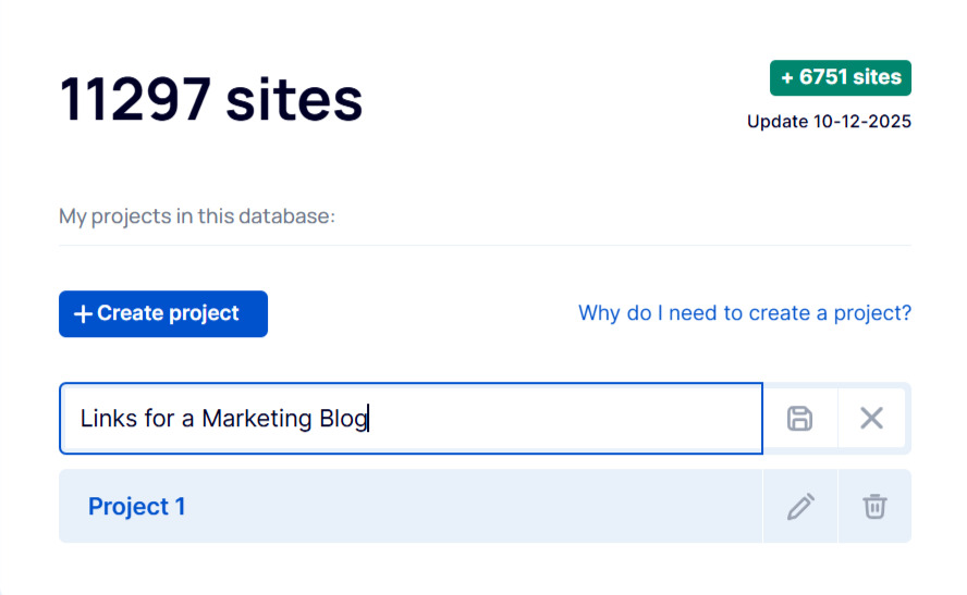 Naming a project in the free content placement sites database