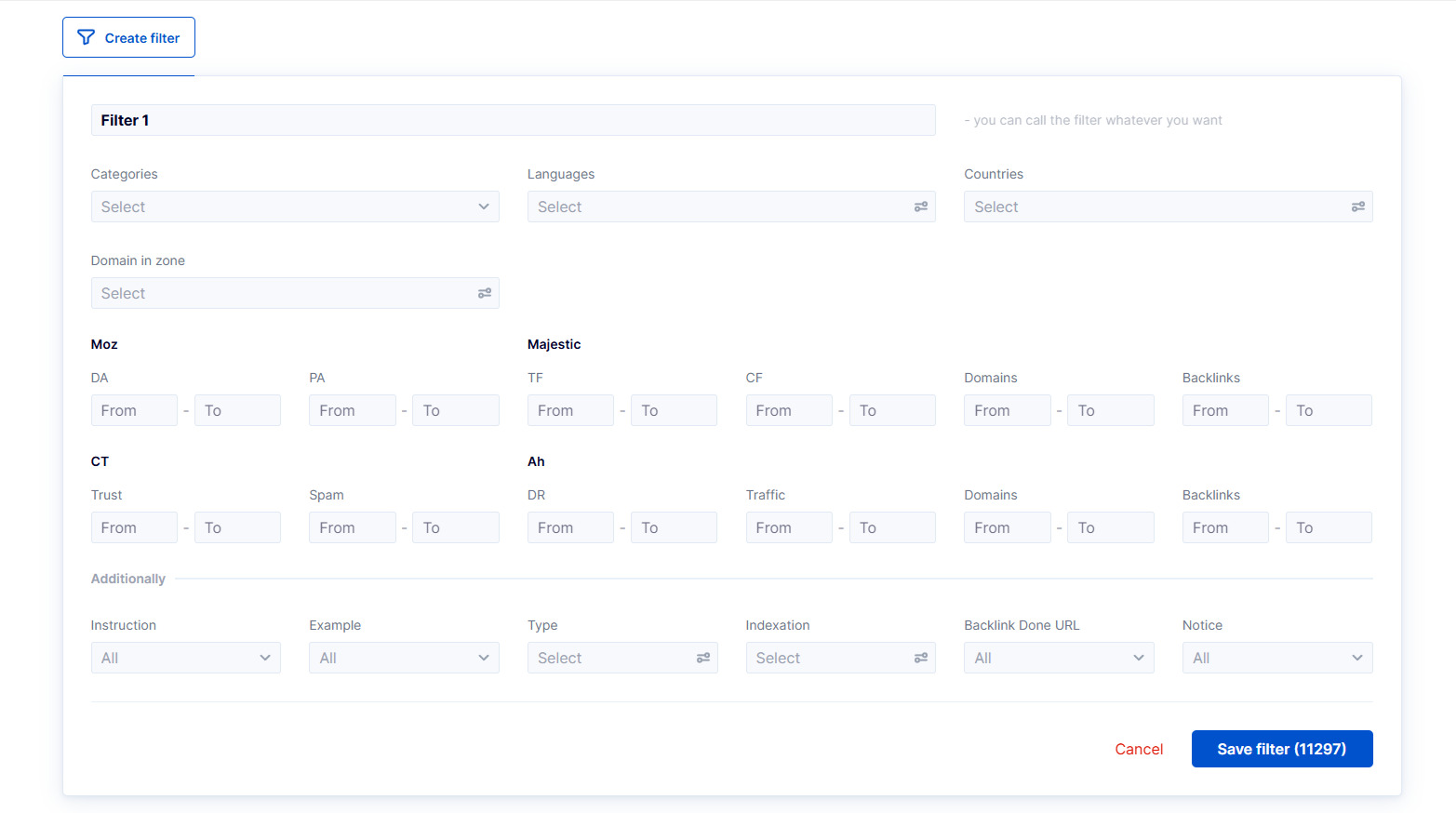 All filtering options in the database