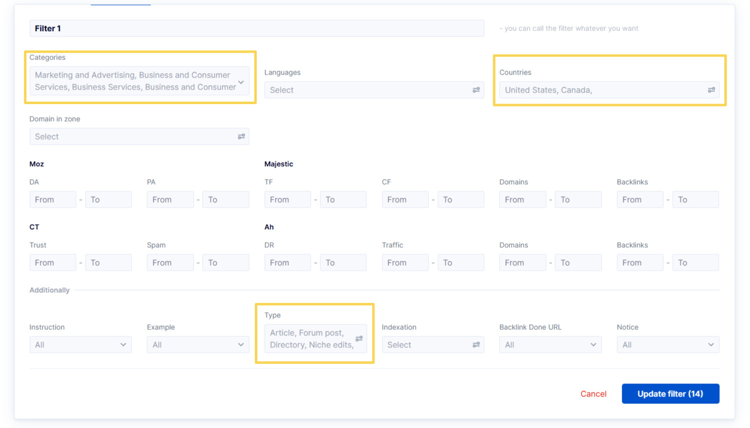 Filtering by category, country, and link type