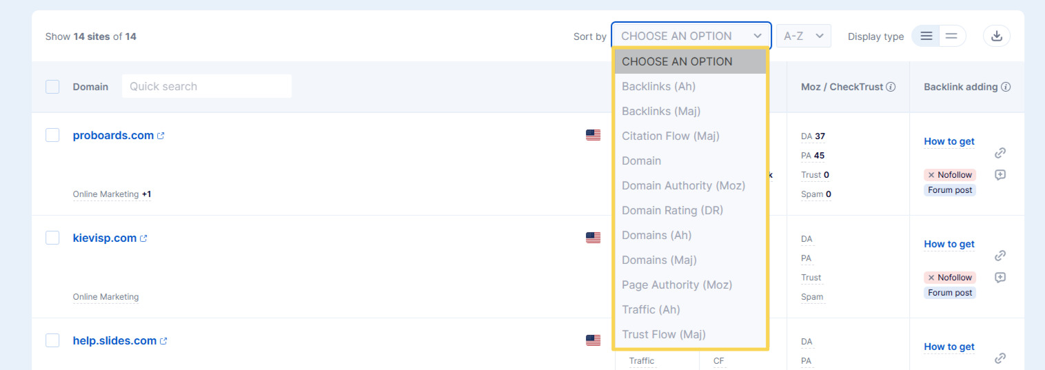 Sorting options for the list