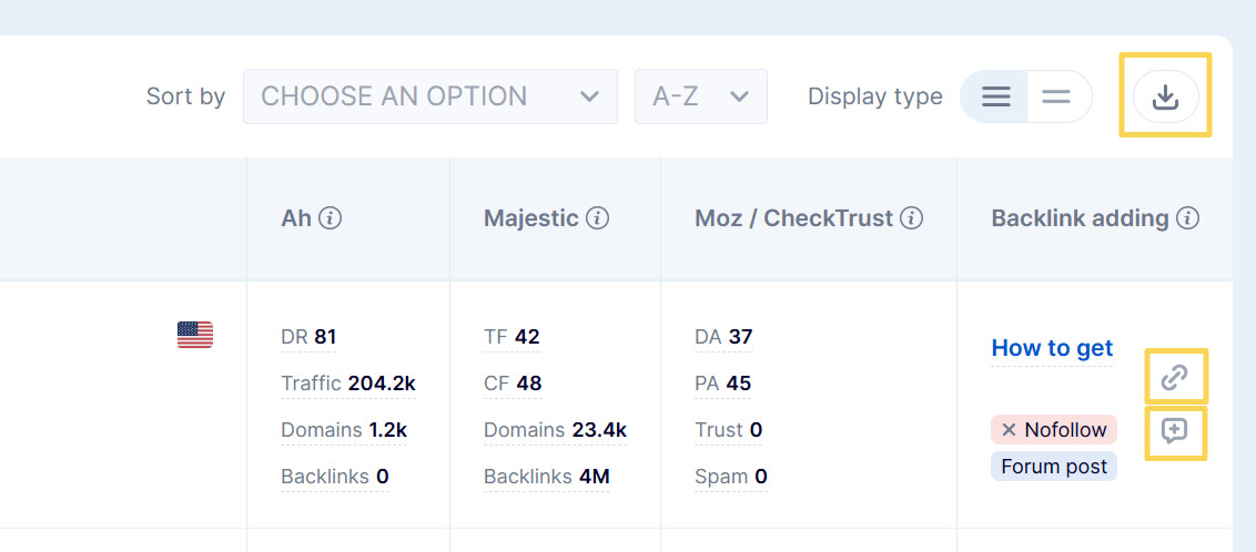 Buttons for export, adding 